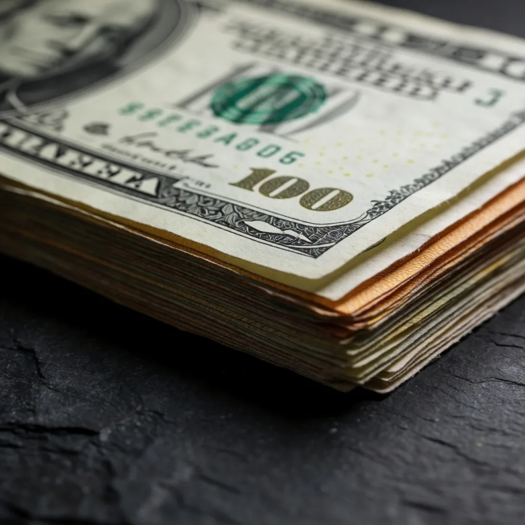 Koyu beton zemin üzerinde dizilmiş dolar ve euro banknotlar makro çekim